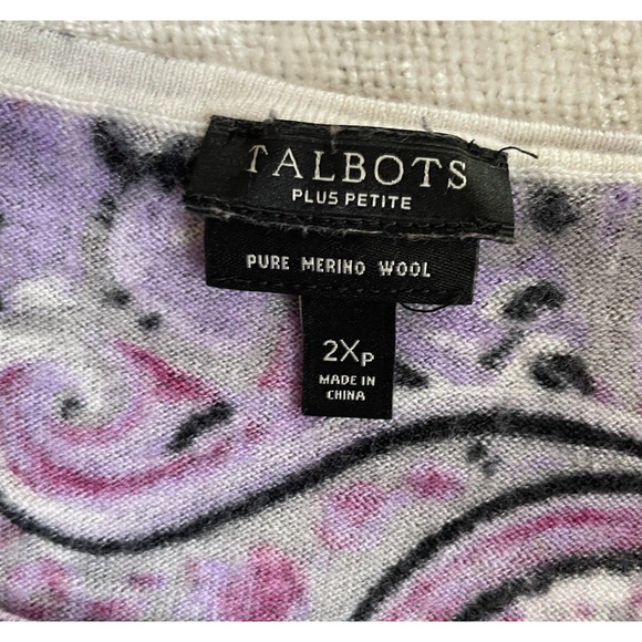 Talbots Sweater Petite 2X Purple Gray Paisley Pure Merino Wool Knit Pullover Top - Picture 11 of 13